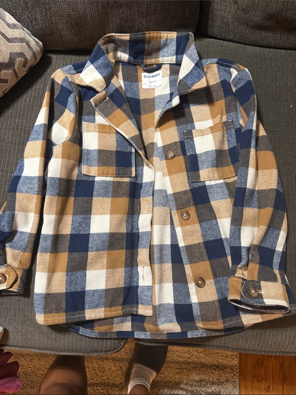 Old Navy Kids Plaid Button-Down Shirt Jacket - Navy, Tan & White